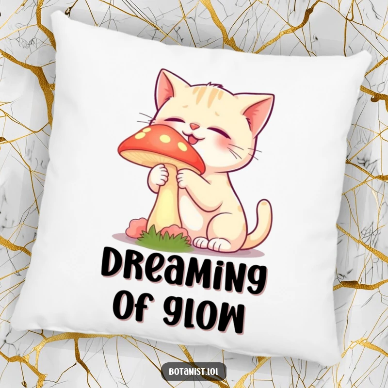 Funny pillow featuring a giggling cat gently touching a vibrant, glowing mushroom with curiosity.