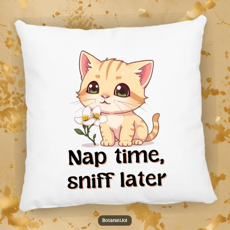 Funny pillow with a detailed illustration of a curious cat sniffing a dewy blossom, eyes wide with delight.