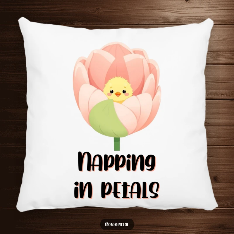 Funny pillow showcasing a fluffy chick peeking from inside a large, vibrant, blooming tulip.
