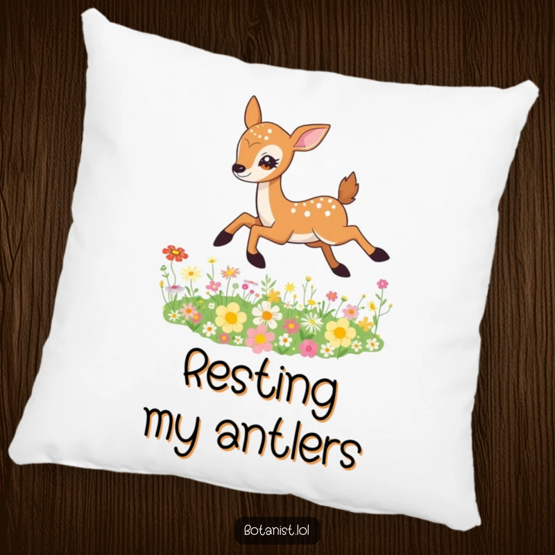 Funny Deer Pillow design of a graceful deer leaping over a vibrant wildflowers, with sparkling eyes, adding a touch of nature.