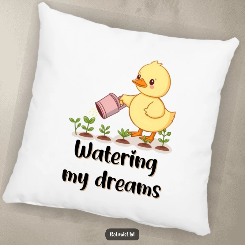 Funny pillow: A plush cushion showing a small duckling diligently watering tiny plants. A cozy and funny addition to any room.