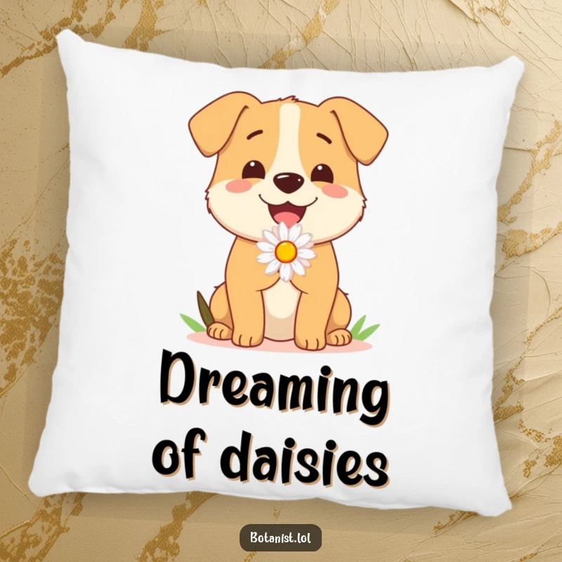 Funny Dog Pillow: A sweet dog presents a solitary daisy with an eager wag, a plush accent of canine affection and humor.