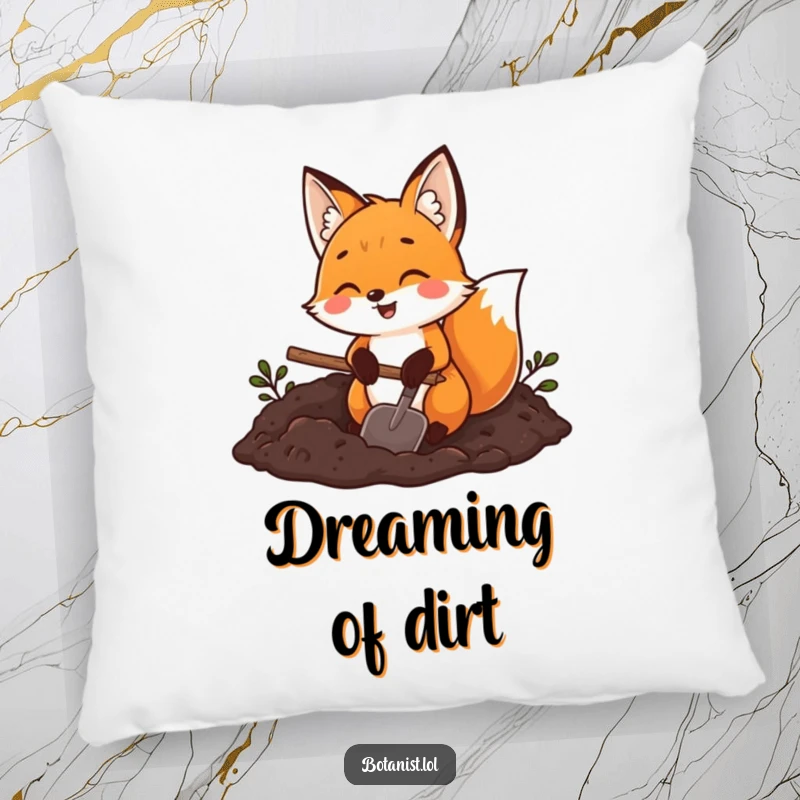 Funny fox gardener pillow, a joyful fox with a trowel digging in rich dark soil, soft and cheerfully outdoorsy.