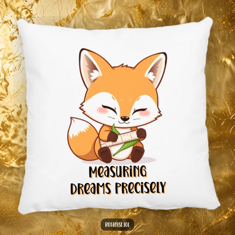 Funny pillow with a determined fox character carefully measuring a leaf with a tiny ruler and a focused expression.