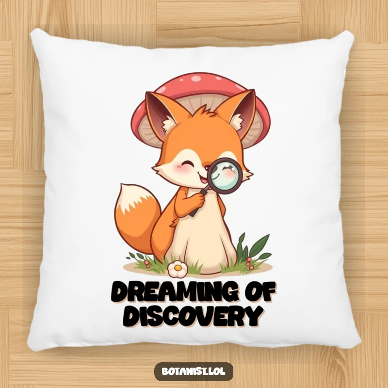 Funny pillow with a smiling fox examining a giant mushroom with a magnifying glass, bringing a sense of wonder.