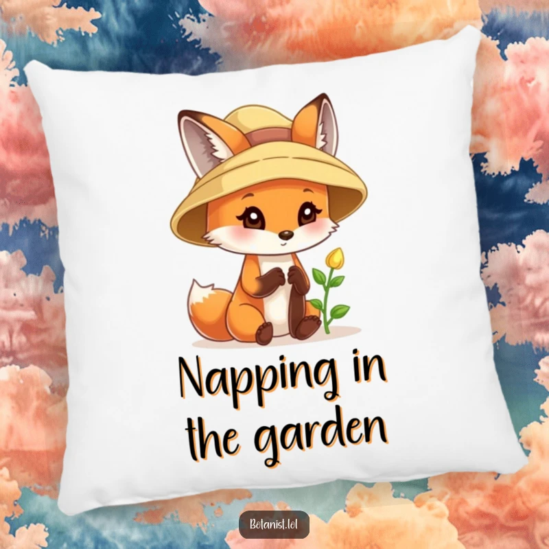 Funny fox pillow, wearing a sunhat, curiously examining a tiny sprout with delight, offering soft comfort.