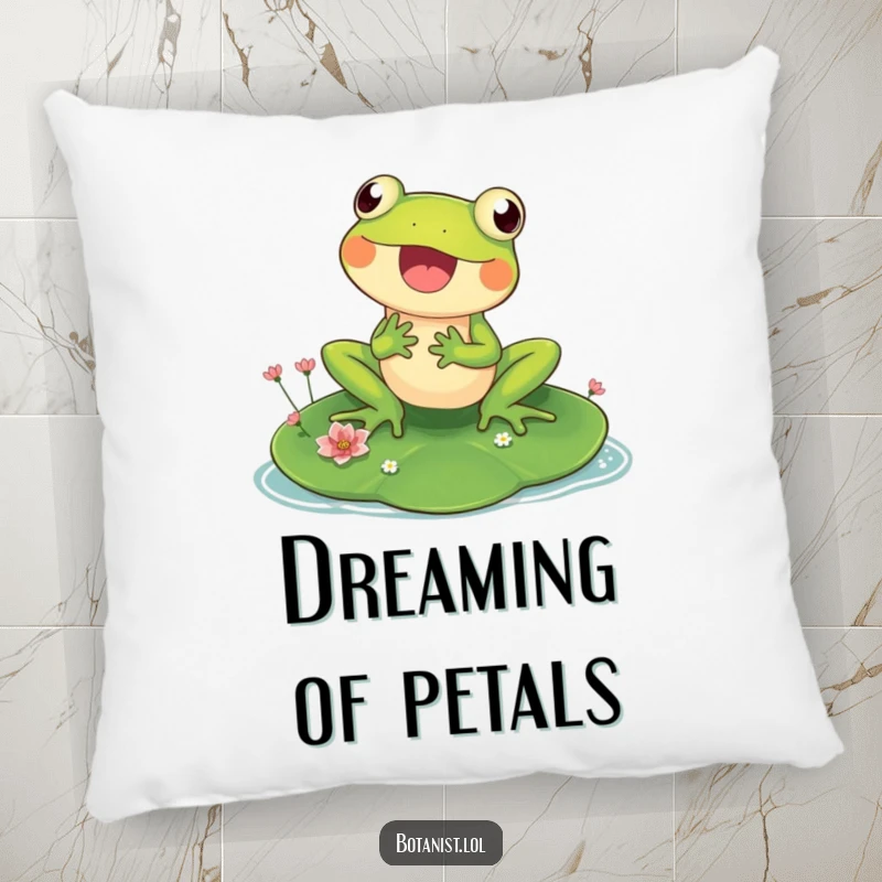 Funny pillow featuring a happy frog on a lily pad, looking at small flowers, bringing cute and humorous pond vibes.