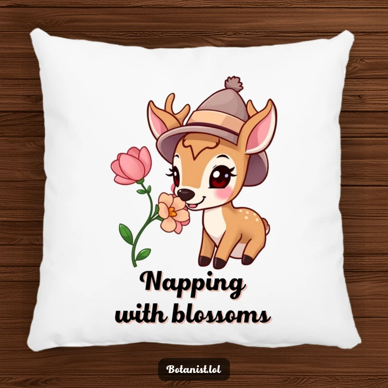 Funny pillow design showcasing a happy deer in a hat, tenderly sniffing a vibrant flower, bringing comfort and charming humor.