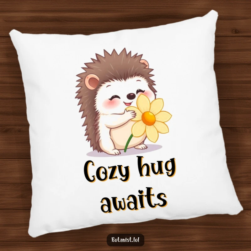 Funny pillow featuring a happy hedgehog gently hugging a flower, soft and comforting.