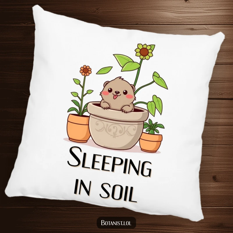 Funny cheerful mole pillow, peeking from a large plant, providing soft comfort and garden humor.