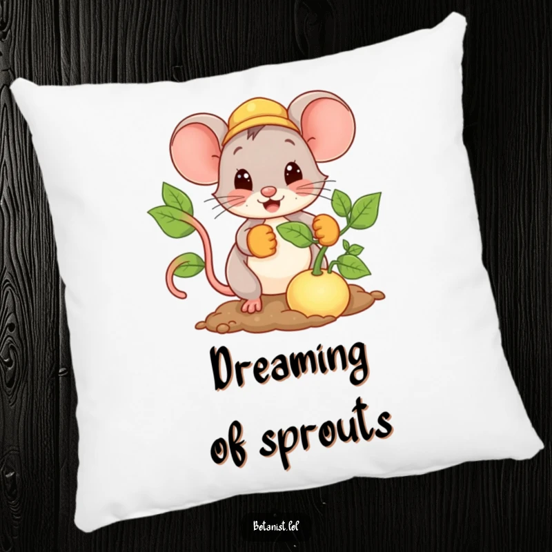 Funny Mouse Pillow design of a happy mouse in gardening gloves planting a giant seed, offering comfort and a touch of whimsy.