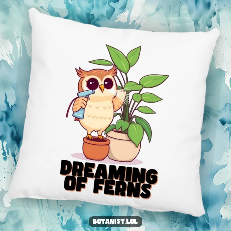 Funny owl misting a giant plant with a spray bottle, a comfortable and humorous decorative pillow. Ideal gift.