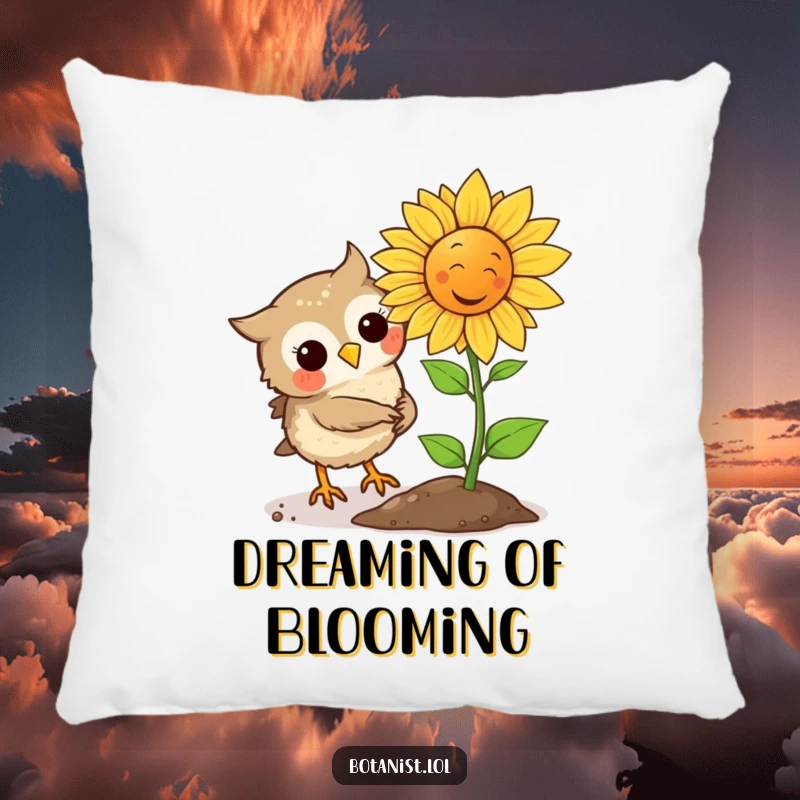 Funny Owl plants a seed that sprouts a laughing sunflower, making this soft pillow a humorous and charming accent.