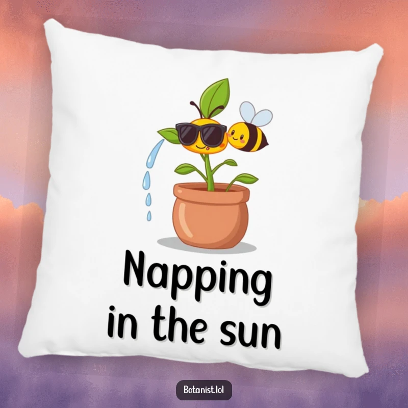 Funny pillow illustration of a happy plant wearing small sunglasses, being watered by a smiling bee.
