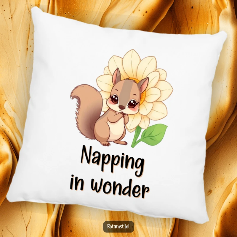 Funny squirrel flower pillow, a curious squirrel with wide eyes admiring a giant blooming flower, soft and humorous.