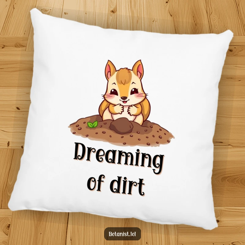 Funny squirrel gardener pillow with a curious squirrel in gardening gloves digging enthusiastically in soil, soft and inviting.