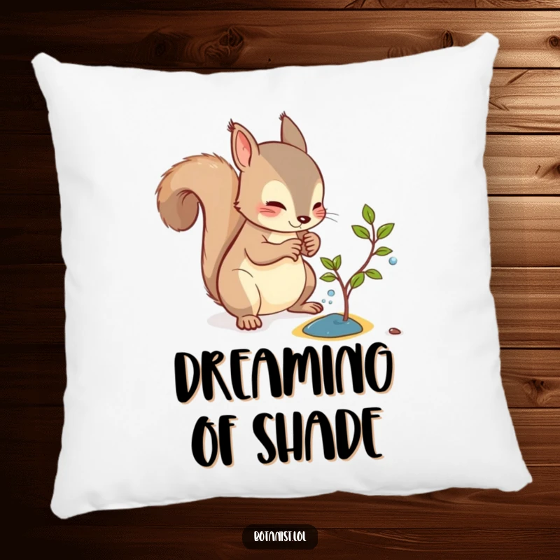 Funny pillow depicting a curious squirrel diligently watering a minuscule sapling, symbolizing tender care.