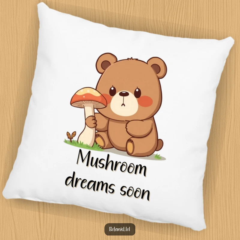 Funny pillow design featuring a surprised bear with a curious expression next to a giant mushroom, bringing cozy humor to any space.