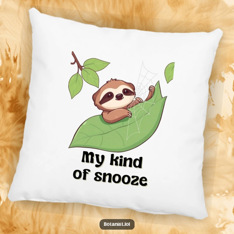 Funny sloth pillow showing a smiling sloth gently touching a dewy spiderweb on a leaf, a cute and humorous accent piece.