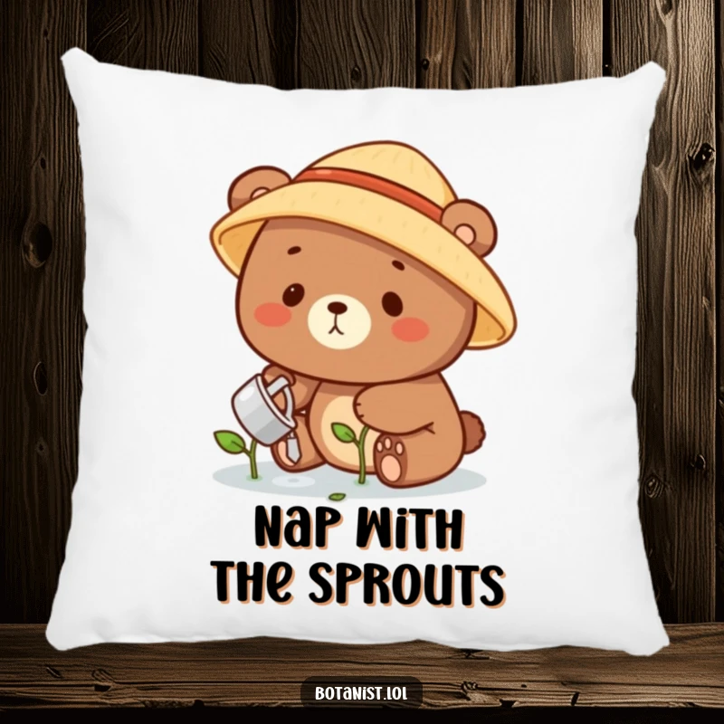 Funny bear gardener pillow with a cute, smiling bear in a straw hat watering a tiny sprout, offering comfort and humor.