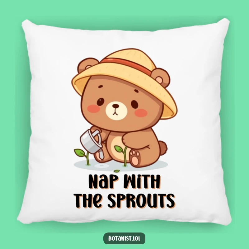Funny Bear Gardener Pillow: Cozy Comfort with a Happy Bear Watering Plants, Cute Funny Gift!