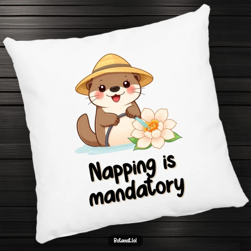 Funny pillow with a cute otter in a straw hat, watering a giant flower, offering comfort and a touch of garden-themed humor.