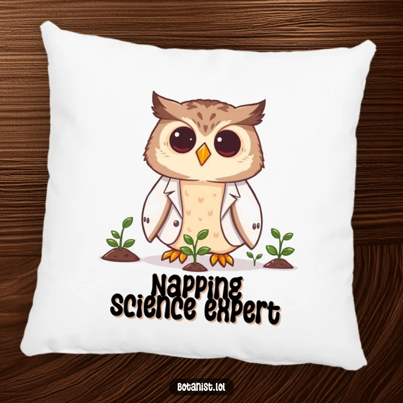 Funny owl scientist pillow with a smiling owl in a lab coat observing tiny growing plants, soft and comforting.