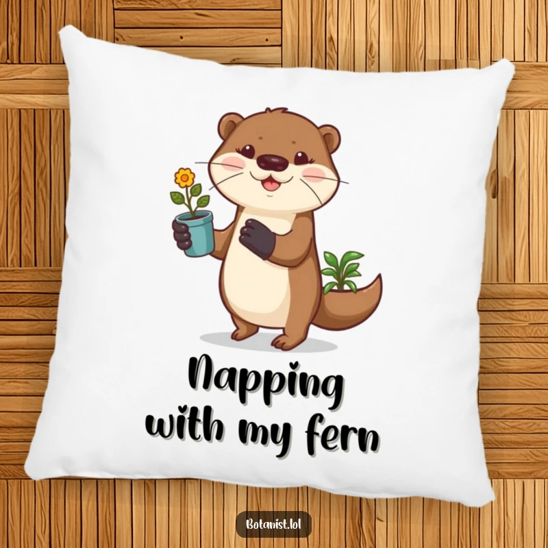 Funny otter in gardening gloves prances with a potted plant, making this soft pillow a charming and humorous addition.