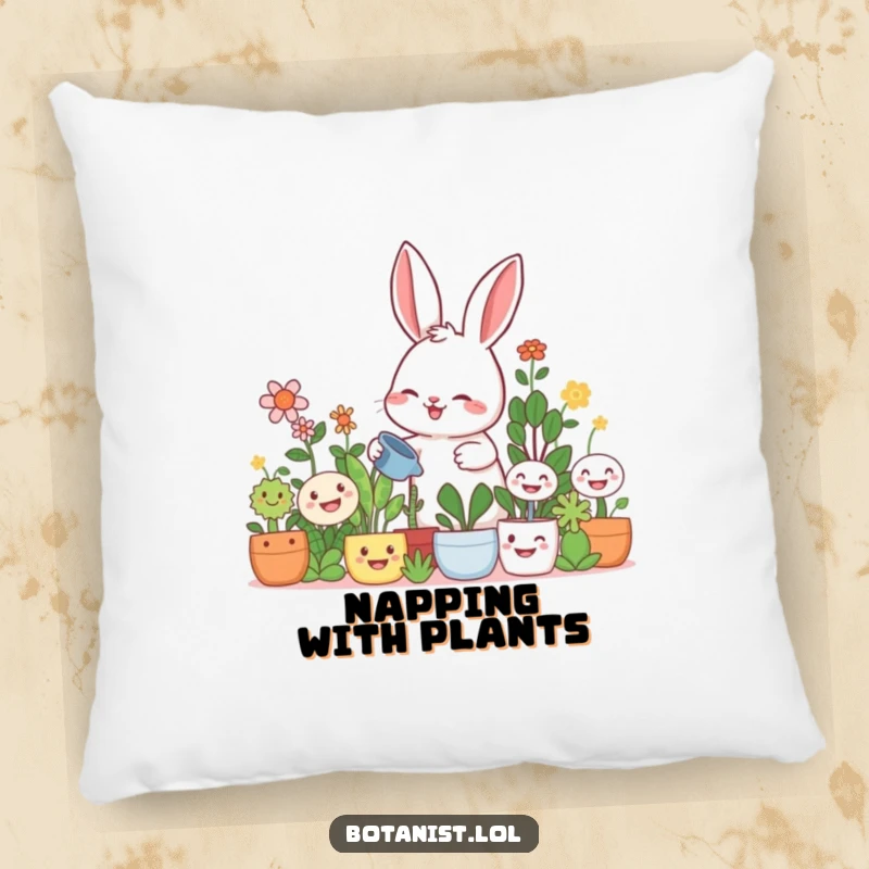 Funny rabbit gardener pillow, a giggling rabbit watering oversized smiling plants, soft and cheerfully humorous.