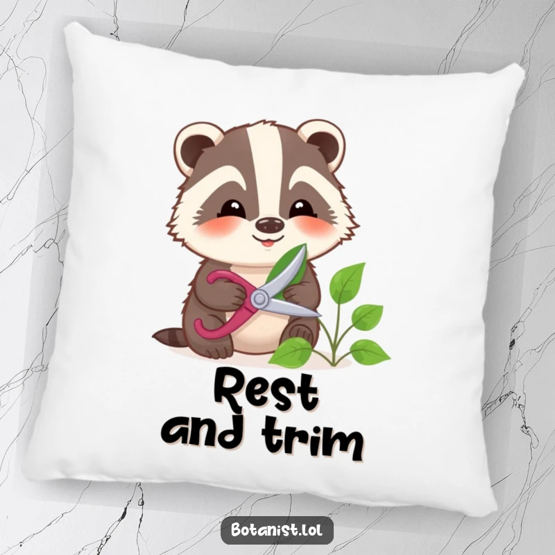 Funny badger gently pruning a leaf with shears, a soft and decorative pillow for garden lovers.