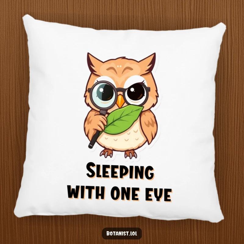 Funny owl detective pillow, a determined owl with a magnifying glass observing a detailed leaf, soft and intellectually humorous.