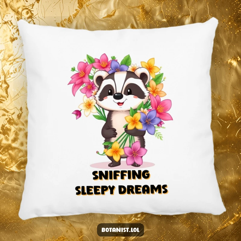 Funny happy badger pillow carrying a huge bouquet of exotic flowers, providing soft comfort and floral humor.