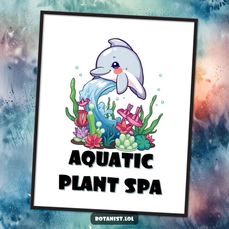 Funny Dolphin Digital Art Print of a playful dolphin splashing water onto a vibrant collection of aquatic plants, evoking underwater joy.