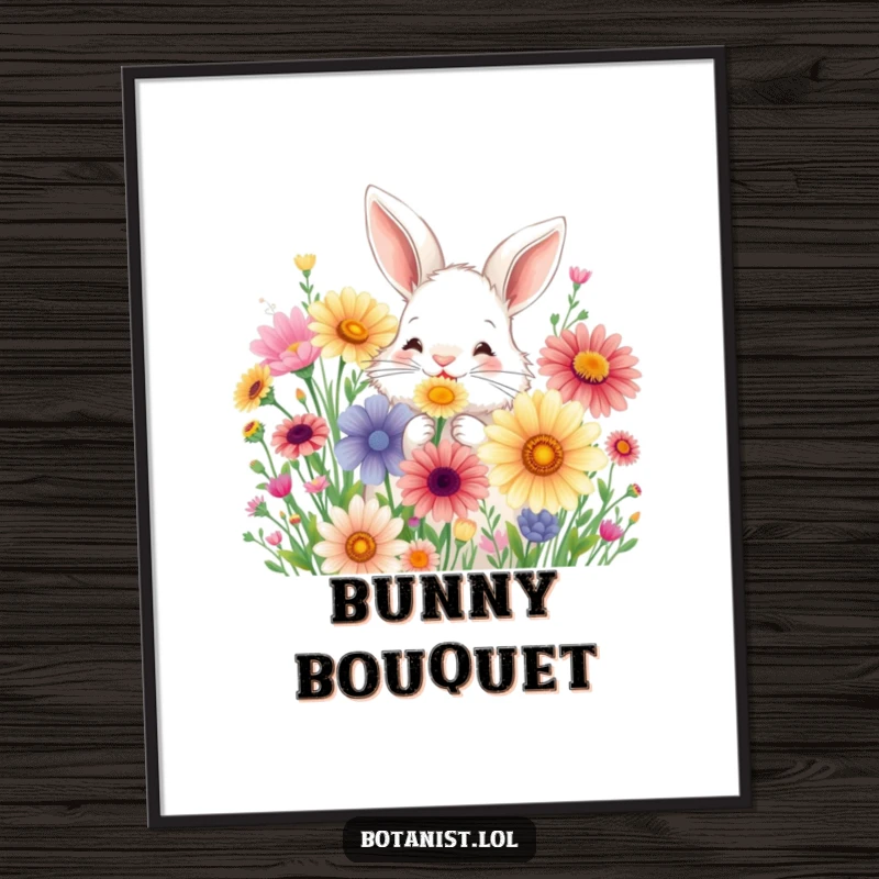 Funny digital art print of a fluffy bunny joyfully sniffing a bouquet of oversized, colorful wildflowers.