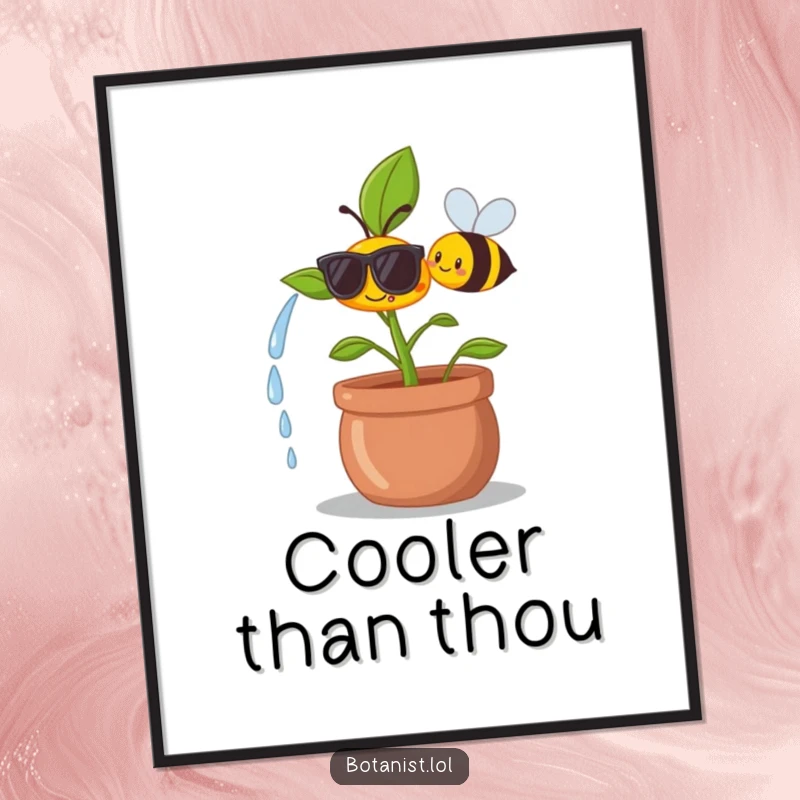 Funny digital art print of a happy plant wearing tiny sunglasses, being watered by a smiling bee with a cheerful expression.
