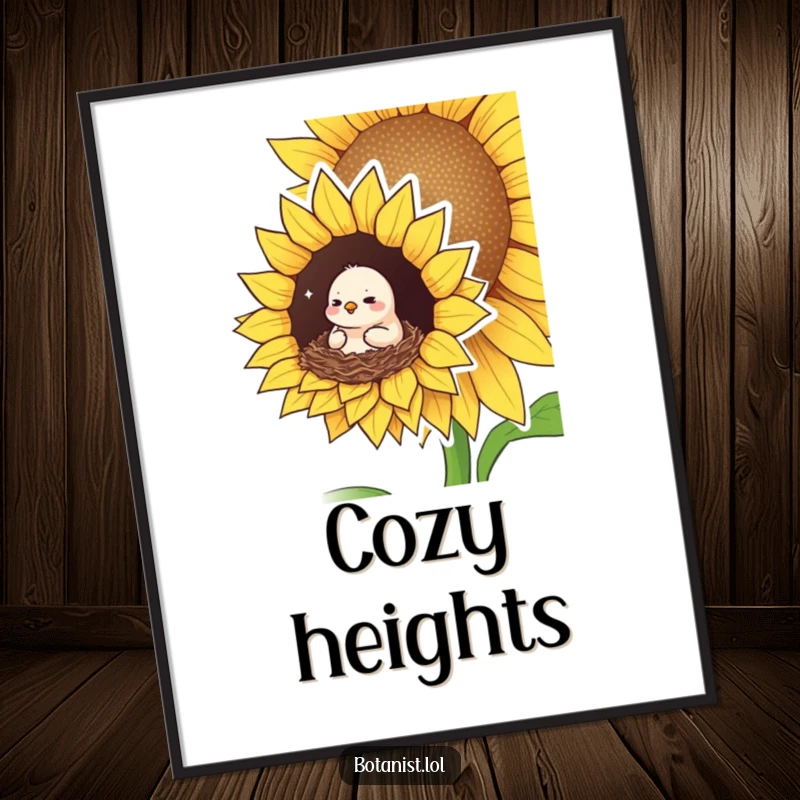 Funny digital art print of a small bird looking pleased and cozy, nesting in a giant sunflower, symbolizing comfort, peace, and natural beauty.