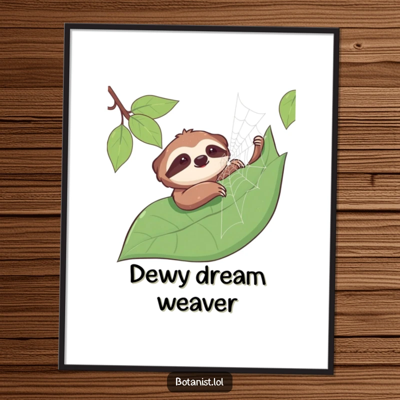 Funny sloth digital art print of a smiling sloth gently touching a dewy spiderweb on a leaf, instant downloadable calm.
