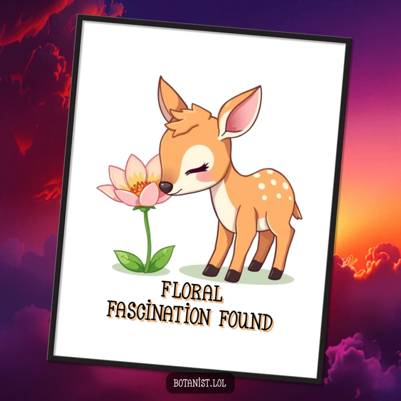 Funny Digital Art Print: A gentle deer curiously sniffs a shimmering flower, a serene and enchanting piece.