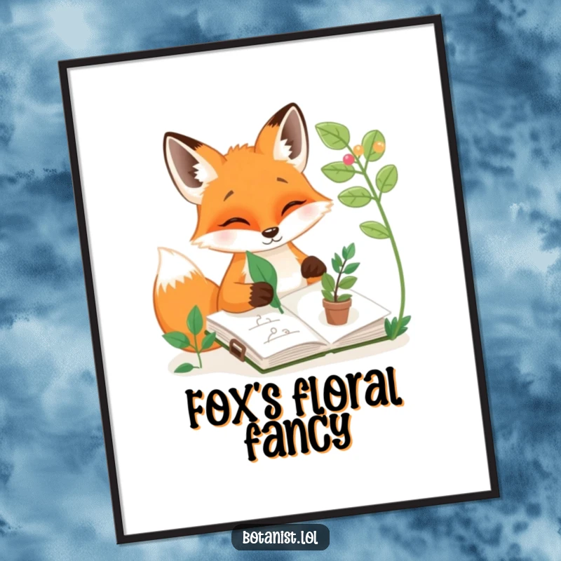 Funny digital art print of a fox sketching plants with a leaf, ideal for instant download and a humorous gift.