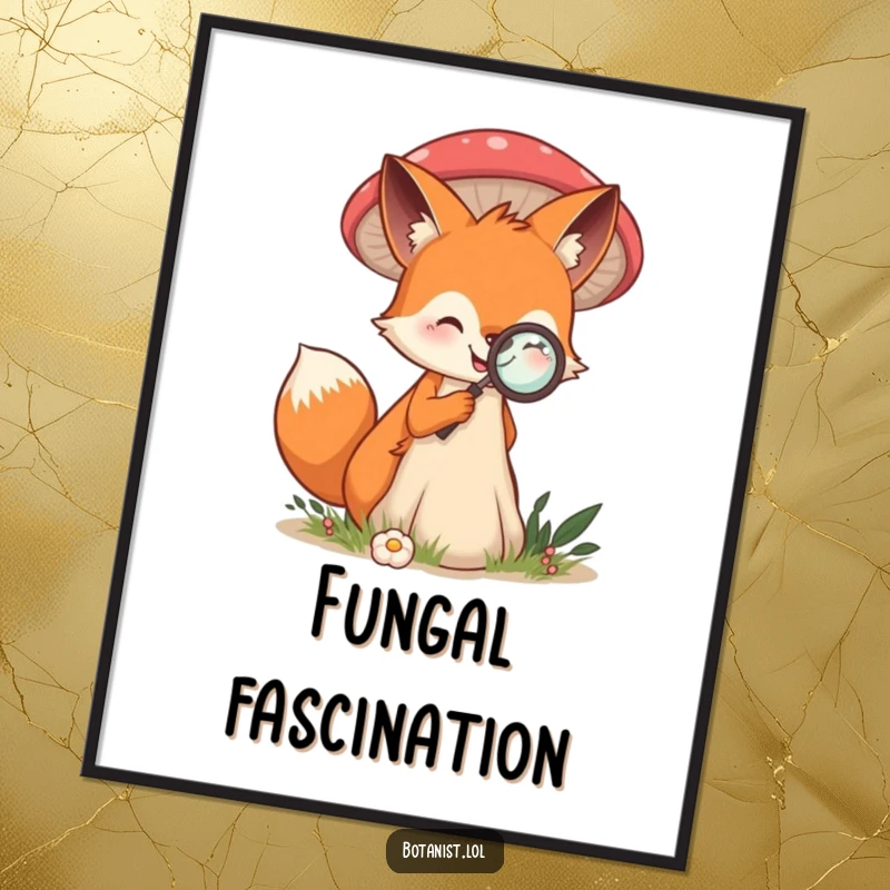 Funny digital art of a smiling fox using a magnifying glass to examine a giant mushroom, full of wonder.