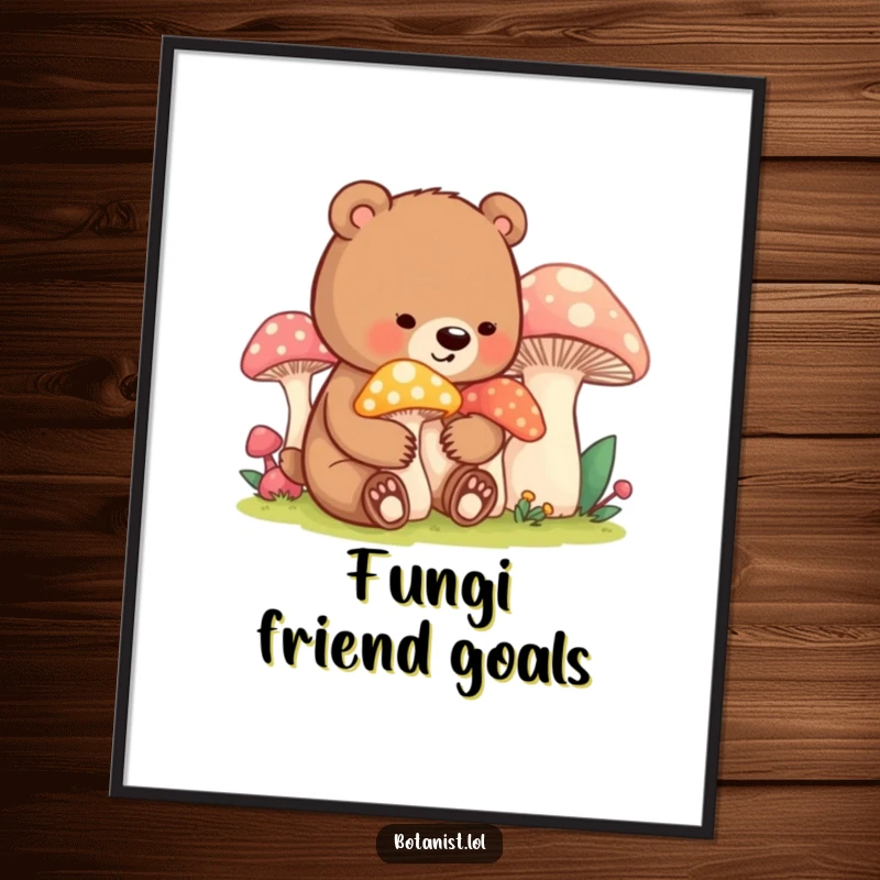 Funny bear cub mushroom digital art print, featuring a content cub gently tending oversized mushrooms, for instant whimsical decor.