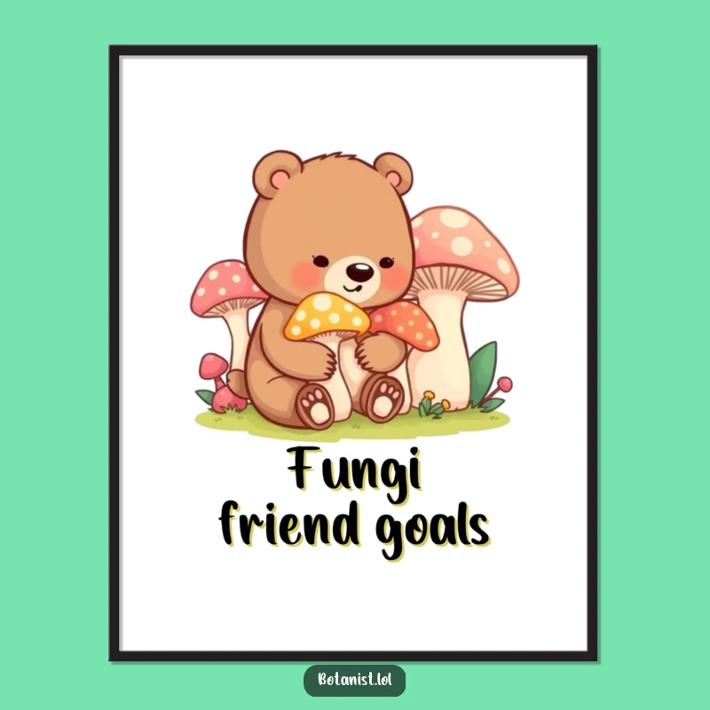 Funny Bear Cub Mushroom Digital Art: Instant Whimsical Decor for Your Space