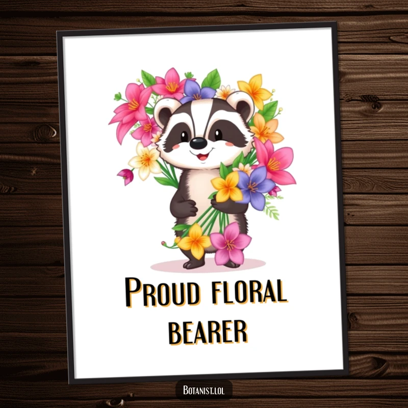 Funny happy badger digital art print carrying a huge exotic flower bouquet, high-resolution humorous download.