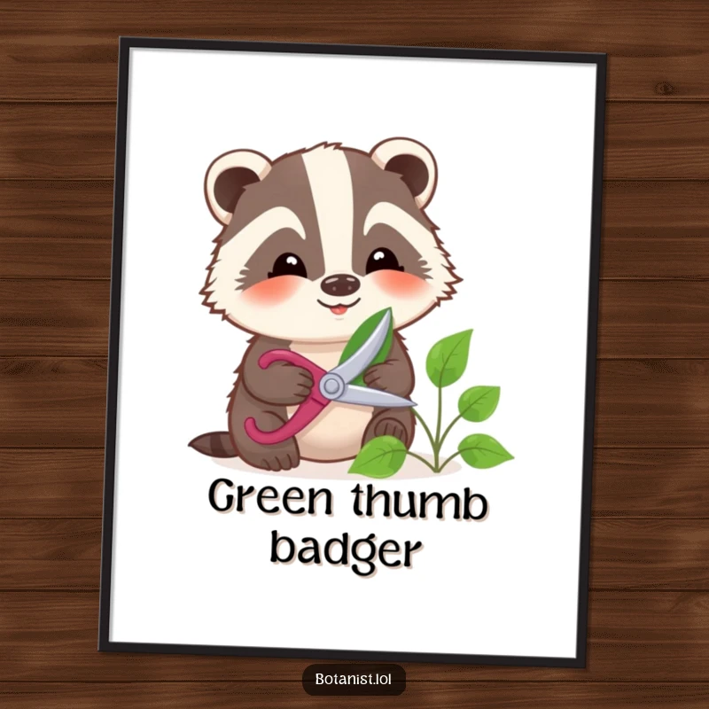 Funny smiling badger gently pruning a leaf with small shears, downloadable art for a peaceful, humorous space.