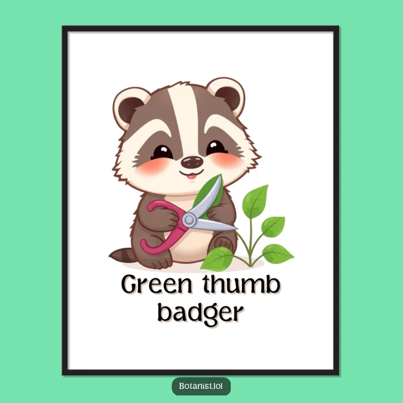 Funny Badger Gardening Digital Art Print - Gentle Pruner's Calm Scene Wall Decor Gift