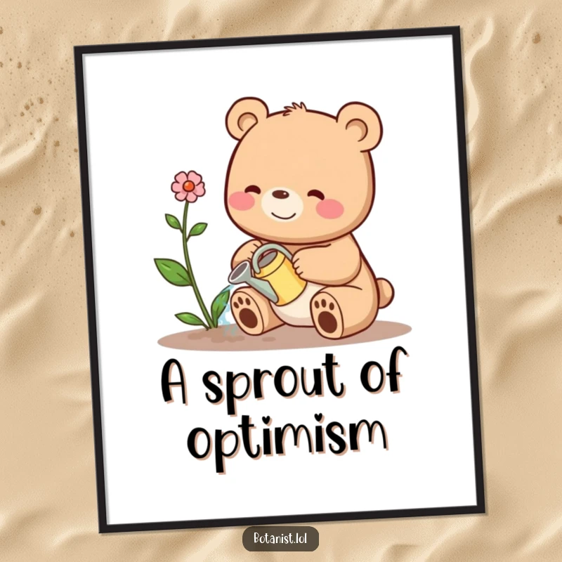Funny digital art print of a happy bear watering a plant, ideal for instant download and a humorous gift.