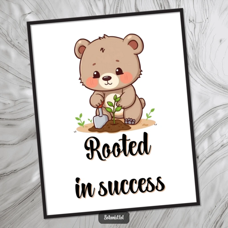 Funny determined bear cub planting a seed with a trowel, downloadable digital art print, humorous. A great gift idea.