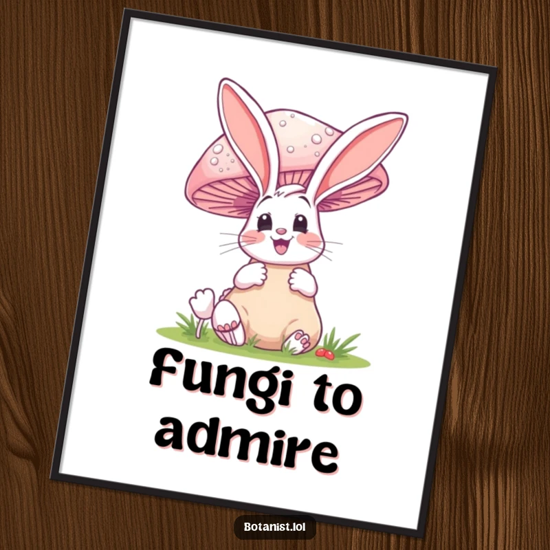 Funny digital art print of a happy bunny gasping at a colossal, whimsical mushroom, ready to be framed.