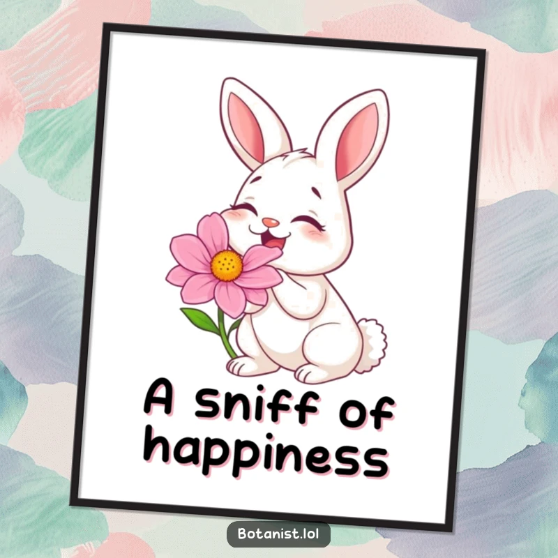 Funny digital art print of a bunny utterly amused, giggling uncontrollably while smelling a massive vibrant flower.