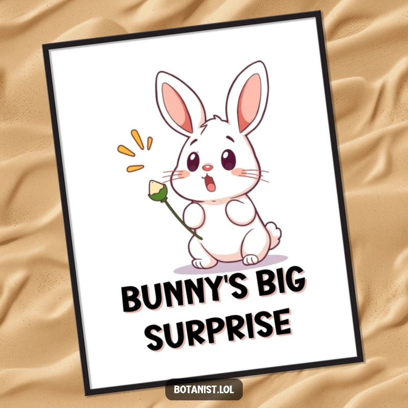 Funny digital art print of a surprised bunny with wide eyes, startled by a popping seed pod, perfect for instant humorous decor.